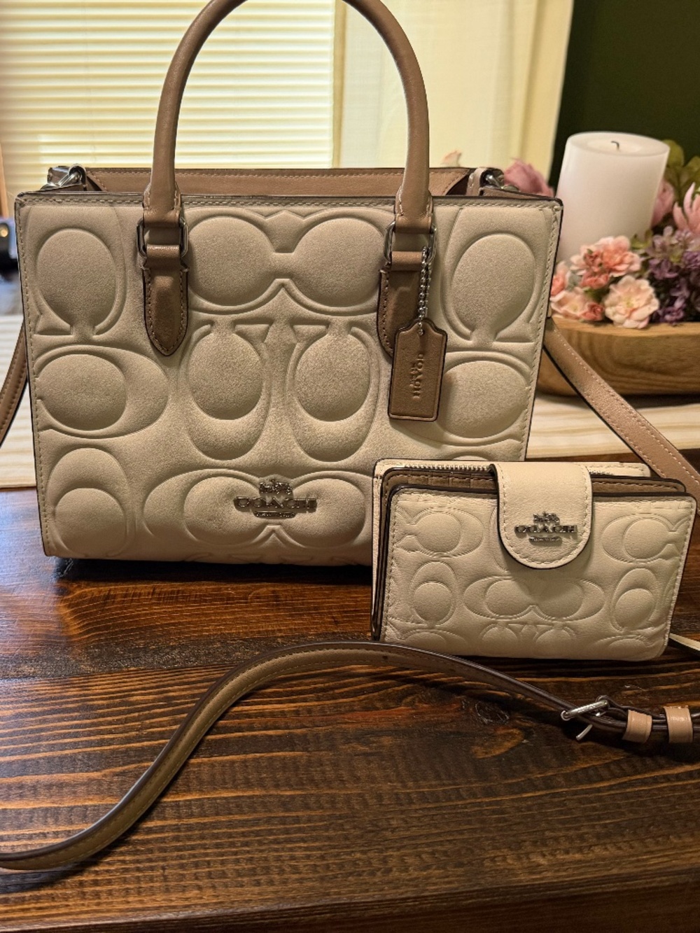 Coach Maggie Signature Small Tote Bag and Matching Wallet: Chalk & Tan